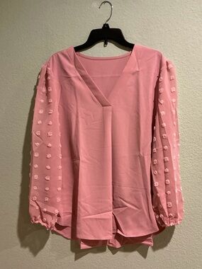 Women's Pink V-Neck Long-Sleeve Blouse